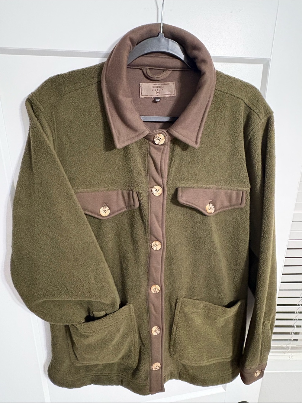 Blank NYC Olive Green Fleece Shirt Jacket with Brown Trim